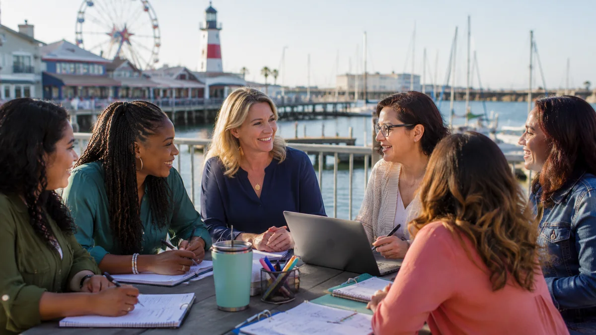 Teachers collaborating at a table on the Kemah waterfront boardwalk