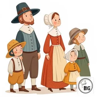 Watercolor picture support for the word Pilgrim: people who traveled far to start a new home because of their beliefs