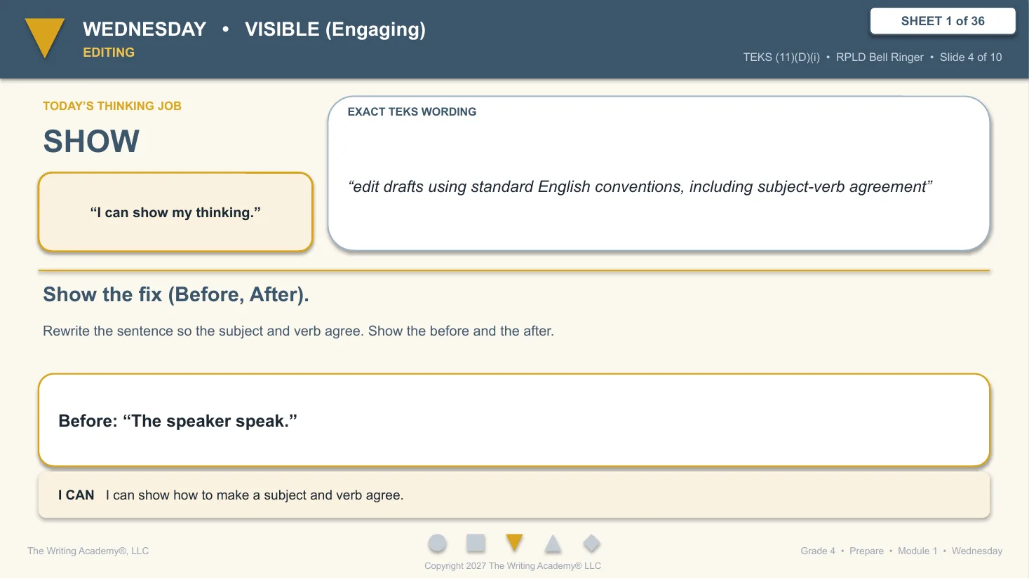 Class slide for Grade 4 Cumulative Editing Part One, Wednesday, Show the fix. The sentence on screen reads Before: The speaker speak, with the exact TEKS wording and an I can statement.