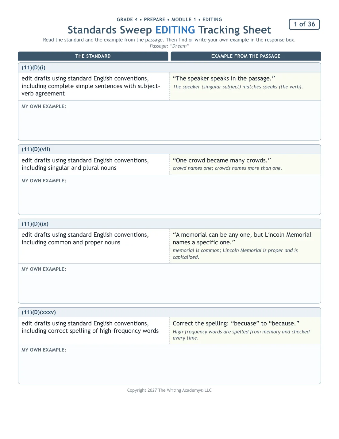 Student tracking sheet for the same Grade 4 Cumulative Editing Part One week on subject-verb agreement, with the standard, an example from the passage, and a box for the student's own example.