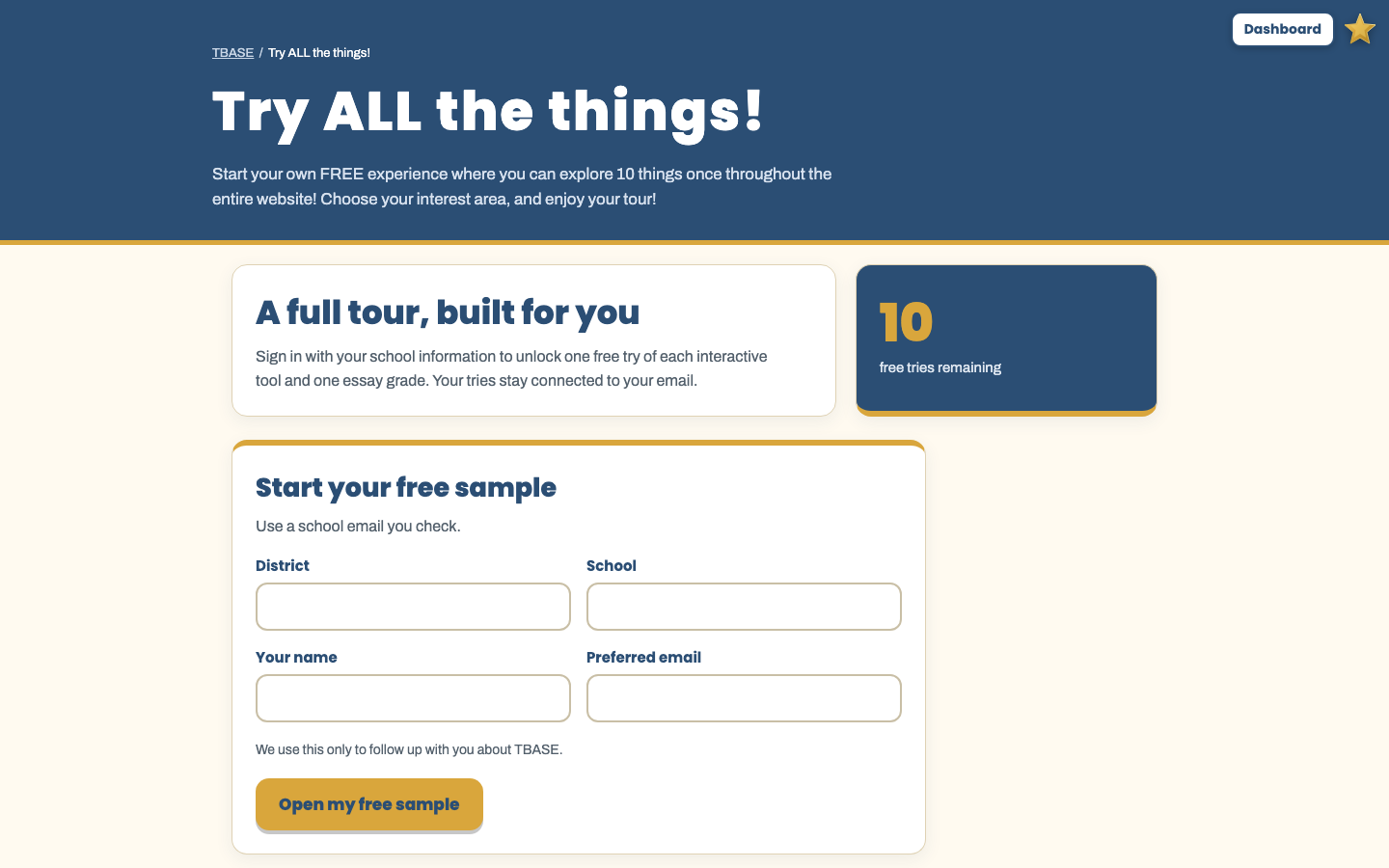 TBASE free trial access screen for the Learning LAB games