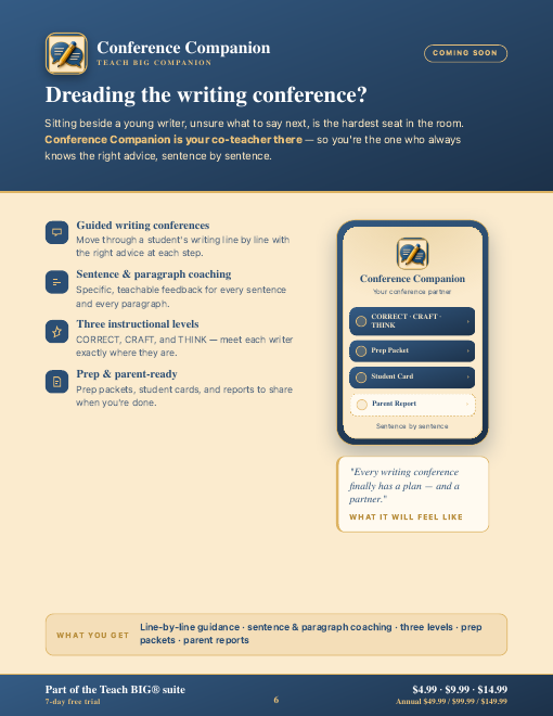 Suite page for Writing Conference Companion. The phone screen lists CORRECT, CRAFT, and THINK, plus Prep Packet, Student Card, and Parent Report.