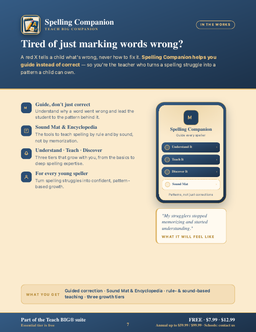 Suite page for Spelling Companion. The phone screen lists Understand It, Teach It, Discover It, and Sound Mat.