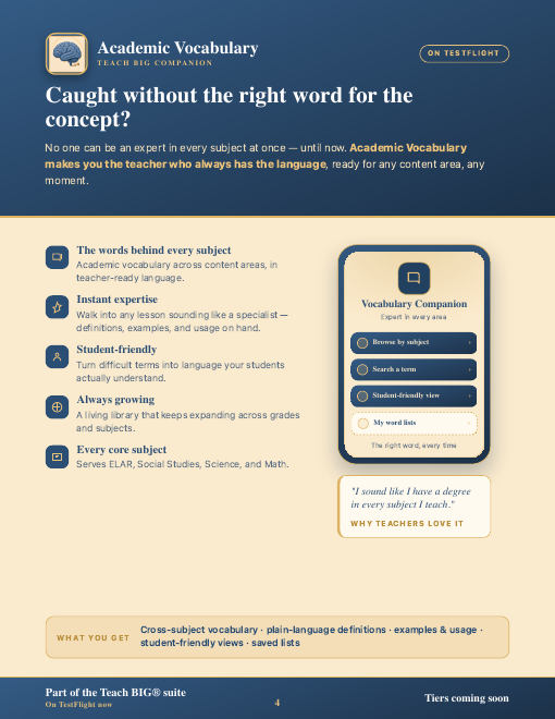 Suite page for Academic Vocabulary Companion. The phone screen lists Browse by subject, Search a term, Student-friendly view, and My word lists.