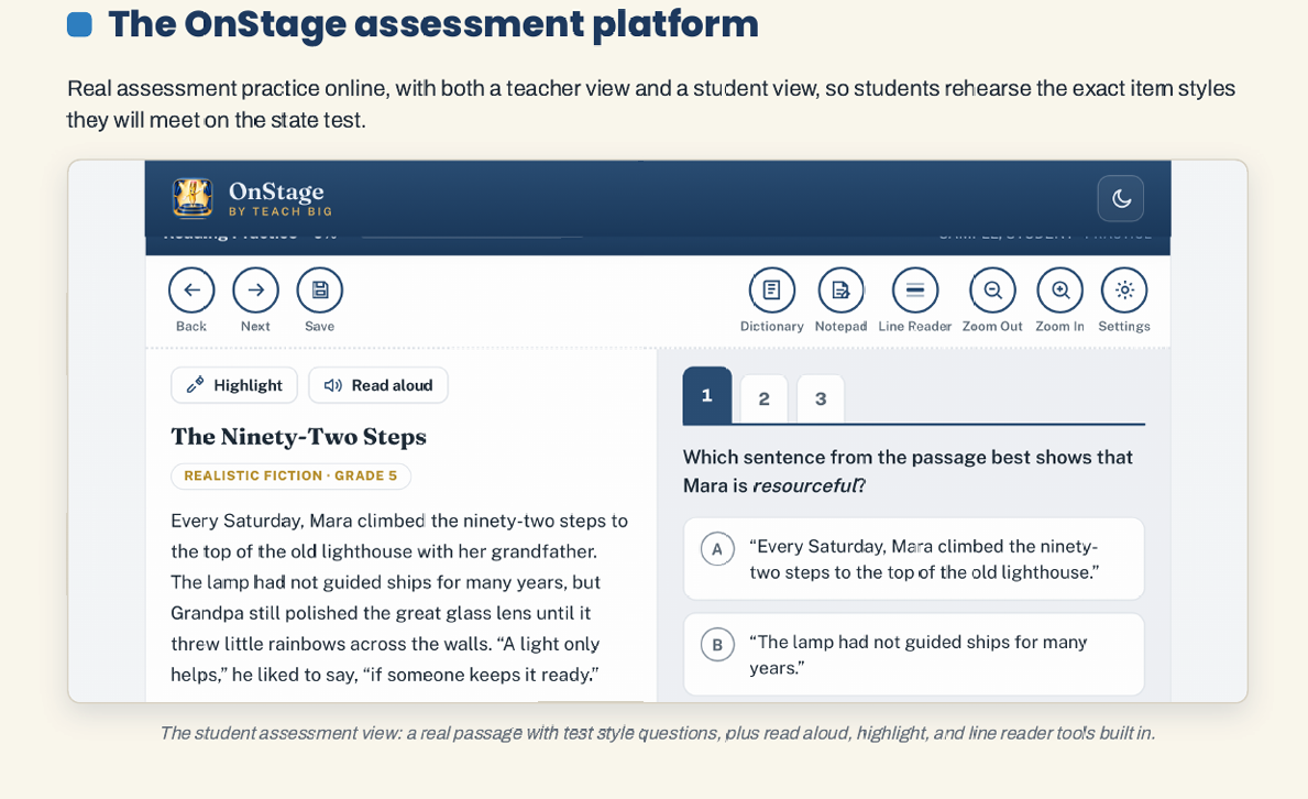 OnSTAGE student view: a passage on the left and test style questions on the right, with highlight, read aloud, and line reader tools.