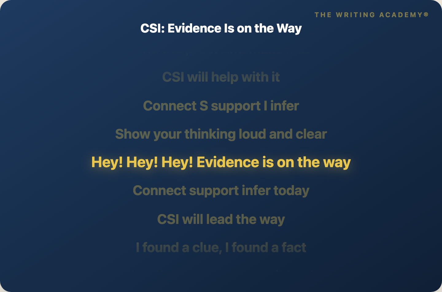 Sing along lyric screen with gold words on a navy stage.